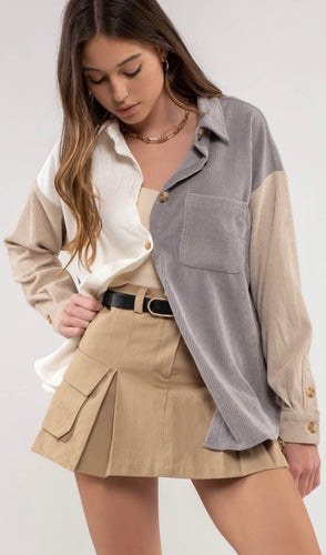 Grey Color Block Corduroy Shacket