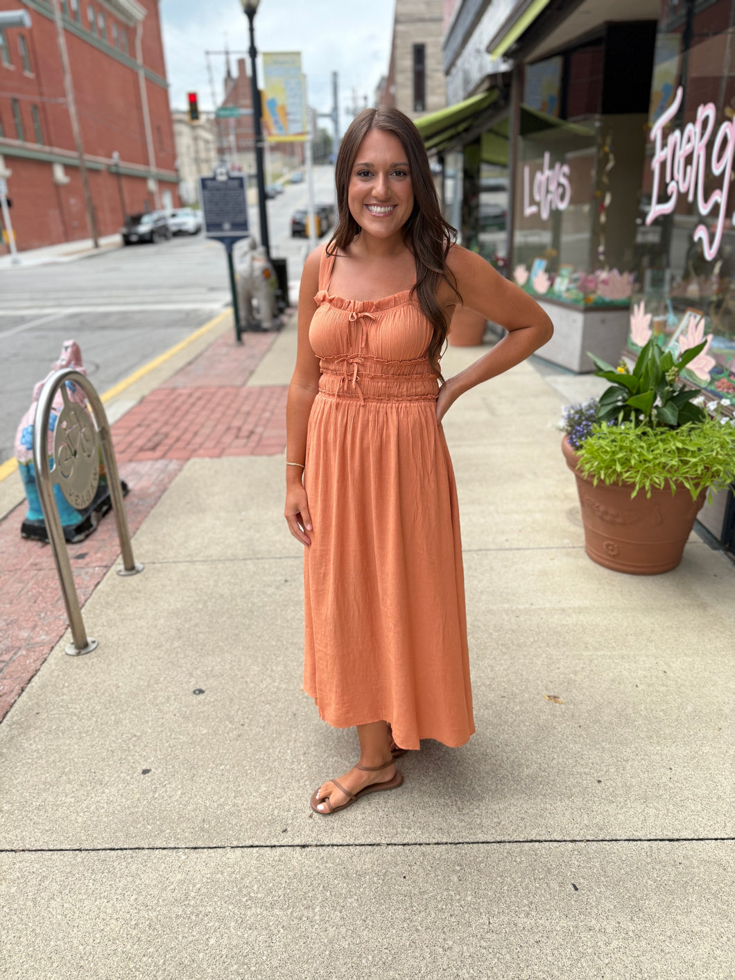 Shirred Front Tie Midi Dress